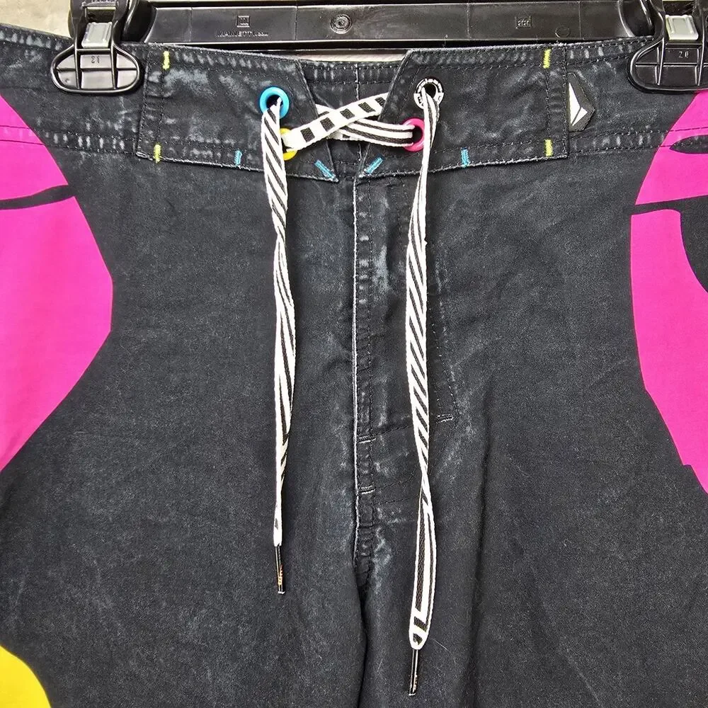Vintage Volcom Board Shorts Mens 34 Black Y2K Neon Skull Swim Surf Artist Series